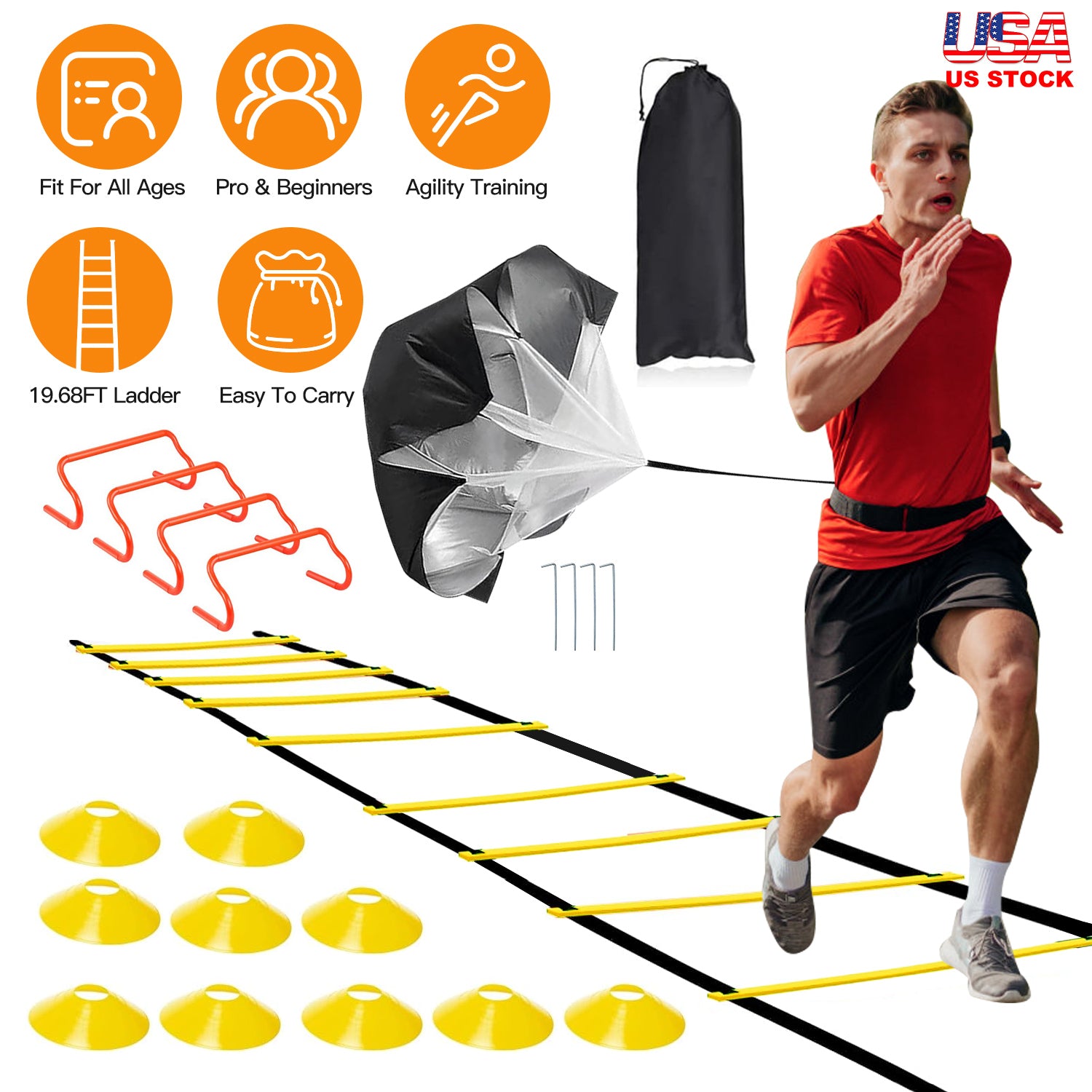 Speed Agility Training Equipment Set For Pro Beginner Including Cones Parachute Stakes Hurdles 19.68FT Ladder with Carrying Bag Soccer Football Basket 