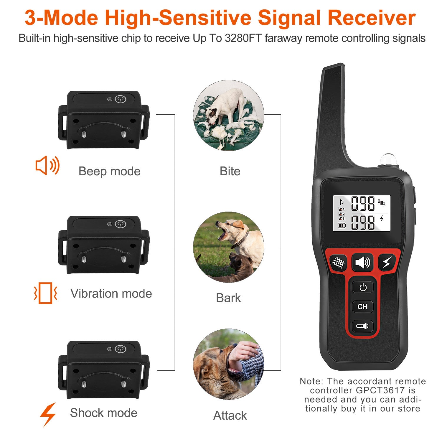 Dog Training Collar Receiver IP67 Waterproof Dog Bark Shock Vibration Beep Receiver Up To 3280ft