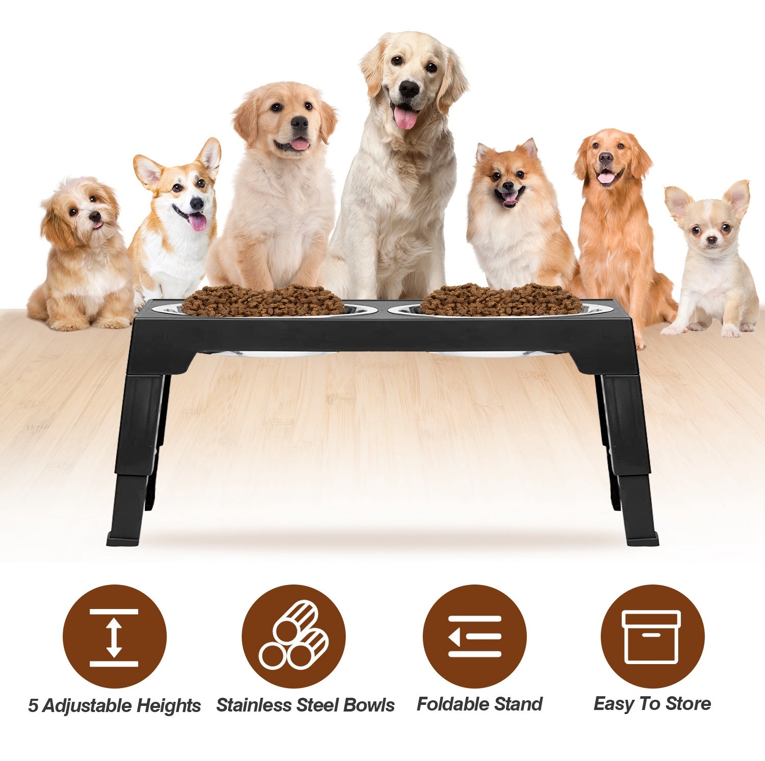 Dog Raised Bowls with 5 Adjustable Heights Stainless Steel Elevated Dog Bowls Foldable Double Bowl Dog Feeder for Small Medium Large Size Dog