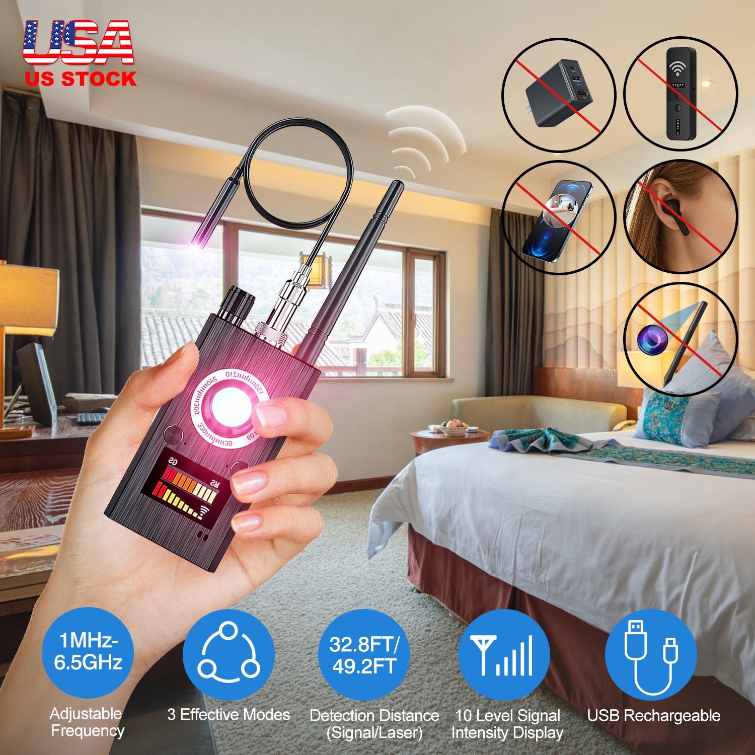 Hidden Camera Detector Anti Spy Detector RF Signal Scanner with 3 Effective Modes 1MHz-6.5GHz Frequency for GPS Trackers Eavesdropping Devices