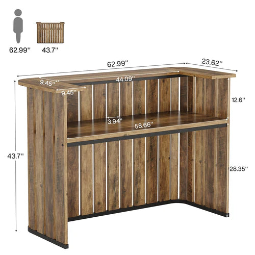 Reception Desk 63" U-Shaped Front Desk with Counter Two-Tier Workspace Slatted Panel Modern Office Retail Counter Rustic Brown