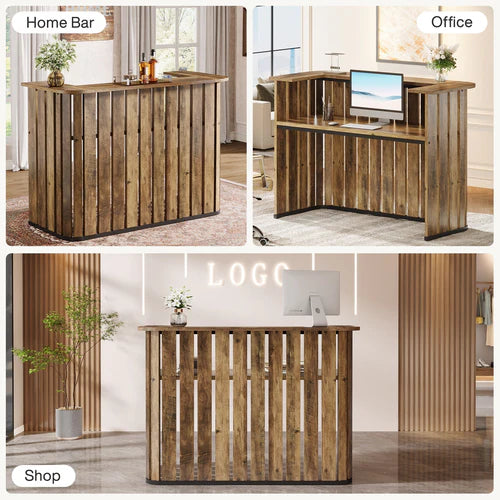 Reception Desk 63" U-Shaped Front Desk with Counter Two-Tier Workspace Slatted Panel Modern Office Retail Counter Rustic Brown