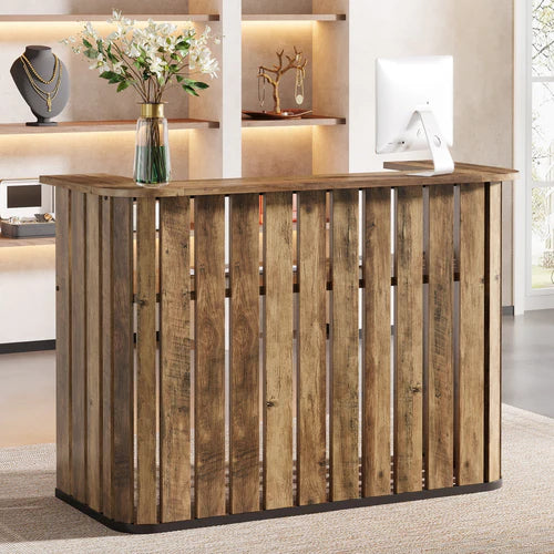 Reception Desk 63" U-Shaped Front Desk with Counter Two-Tier Workspace Slatted Panel Modern Office Retail Counter Rustic Brown