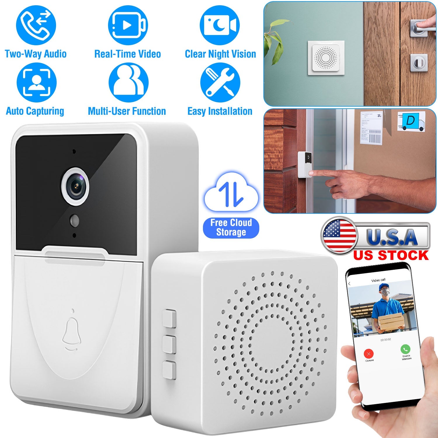 Smart Wireless Wi-Fi Video Doorbell Security Phone Door Bell Intercom Camera Door Bell Chime Two Way Audio Night Vision