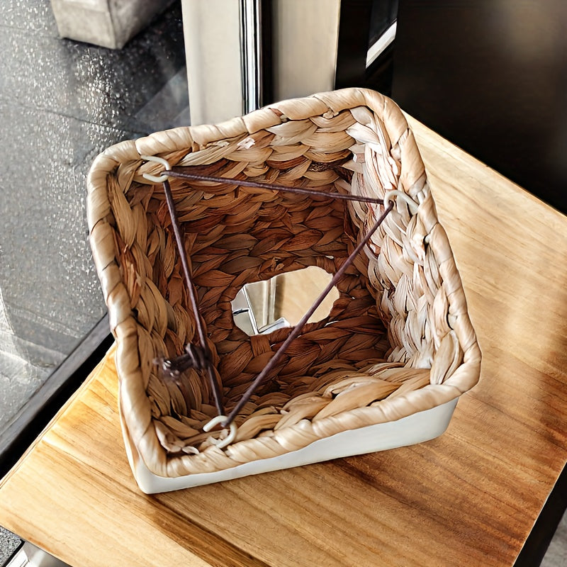 Straw Paper Towel Basket - Woven Water Hyacinth Grass Tissue Box for Tabletop & Restaurant Décor