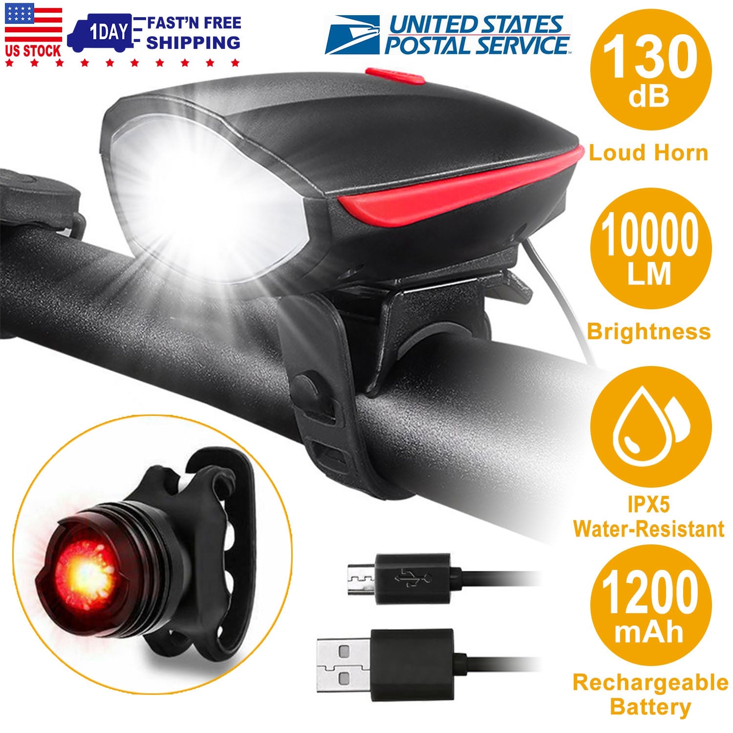 10000lm Bike Headlight USB Rechargeable LED Bicycle Front Light Rear Tail Light with 130dB Loud Horn