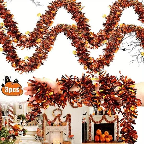 3Pack 6.56 Ft Halloween Tinsel Garland With Pumpkin Sequins Orange Black Mixed Colors Glitter Metallic Tinsel Decoration Twisted Garland For Halloween Thanksgiving Trick Or Treat Fall Party Supplies 
