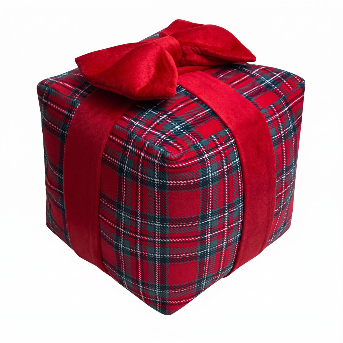 Christmas Pillow, 3D Gift Box Shape, Red Tartan with Bow, 10 x 10 in