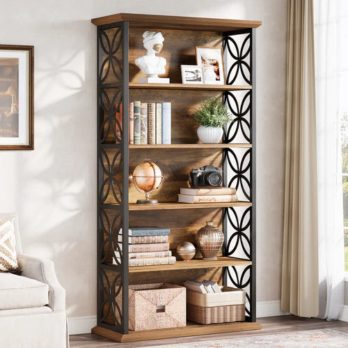 Bookshelf 71" Industrial 6-Tier Bookcase with Open Storage Shelves and Metal Frame Rustic Brown & Black