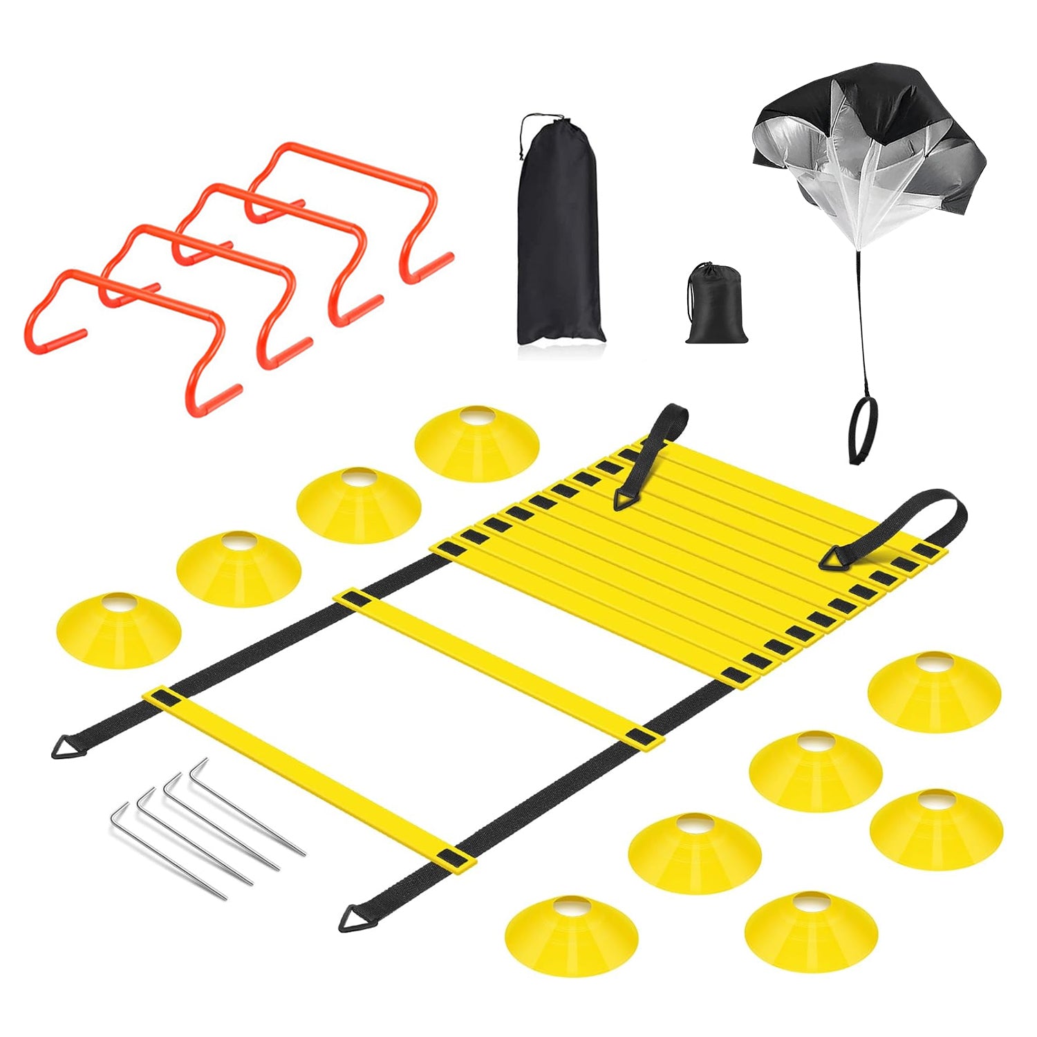 Speed Agility Training Equipment Set For Pro Beginner Including Cones Parachute Stakes Hurdles 19.68FT Ladder with Carrying Bag Soccer Football Basket 