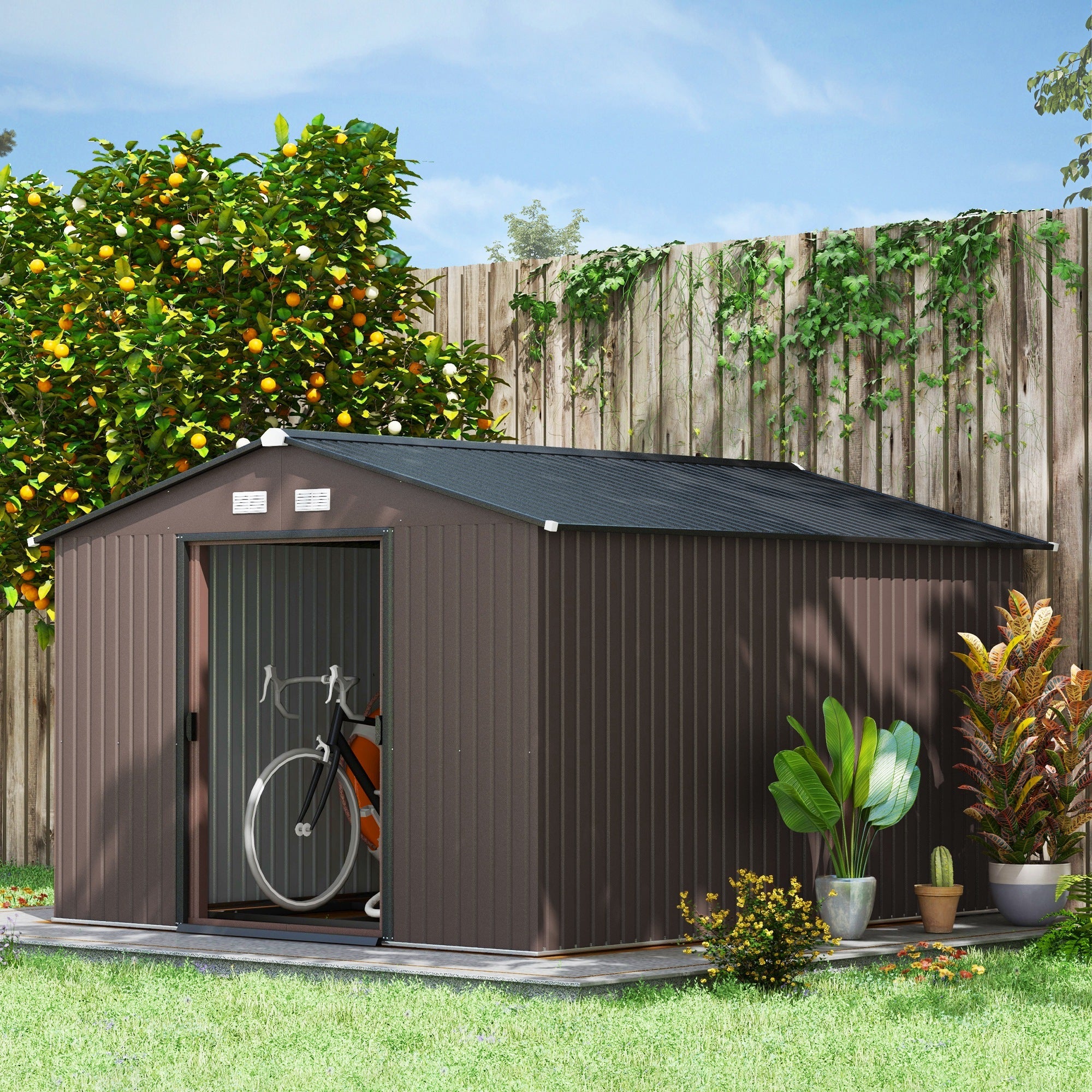 Outsunny 9' x 10.6' Garden Storage Shed w/ Foundation Kit Metal Tool Storage House w/ Double Doors Brown 