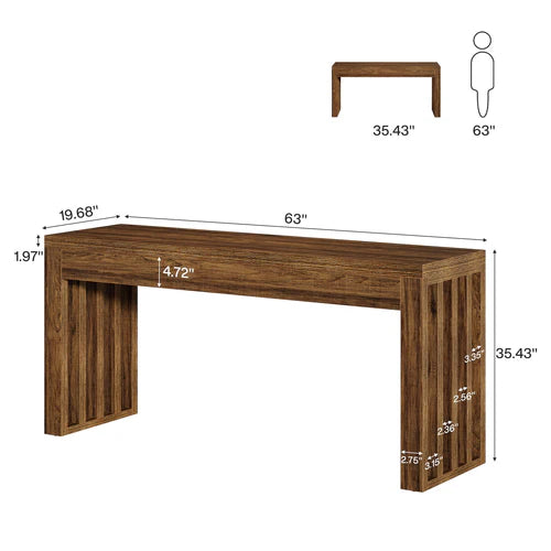Bar Table 63" Farmhouse Counter Height Pub Dining Table for Bistro with Thick Tabletop and Slatted Base Design Rustic Brown