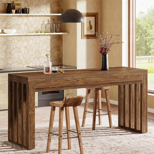 Bar Table 63" Farmhouse Counter Height Pub Dining Table for Bistro with Thick Tabletop and Slatted Base Design Rustic Brown