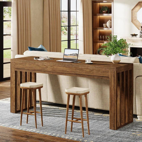 Bar Table 63" Farmhouse Counter Height Pub Dining Table for Bistro with Thick Tabletop and Slatted Base Design Rustic Brown