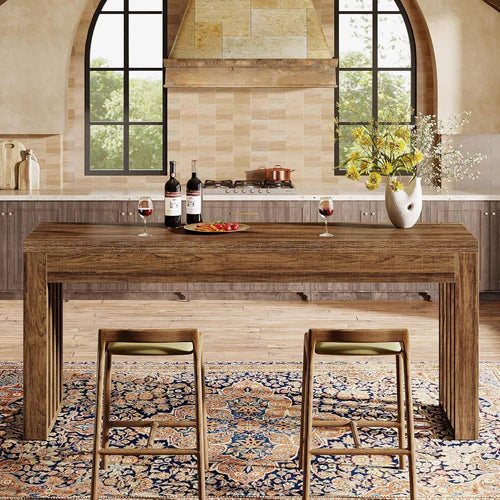 Bar Table 63" Farmhouse Counter Height Pub Dining Table for Bistro with Thick Tabletop and Slatted Base Design Rustic Brown