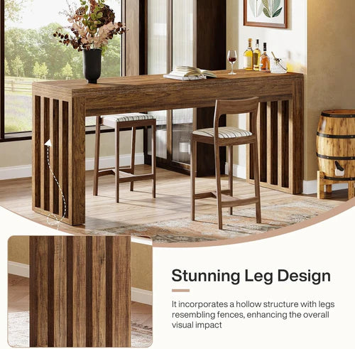 Bar Table 63" Farmhouse Counter Height Pub Dining Table for Bistro with Thick Tabletop and Slatted Base Design Rustic Brown