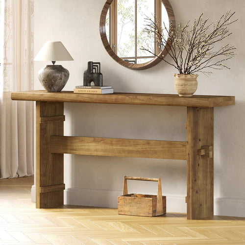 63" Solid Wood Console Table, Farmhouse Entryway Sofa Table Behind Couch Rustic Brown