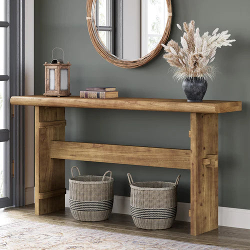 63" Solid Wood Console Table, Farmhouse Entryway Sofa Table Behind Couch Rustic Brown