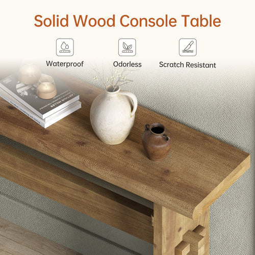 63" Solid Wood Console Table, Farmhouse Entryway Sofa Table Behind Couch Rustic Brown
