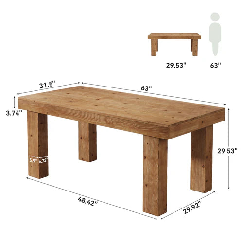 63" Solid Wood Executive Desk Heavy Duty Computer Office Desk with Thick 3.74" Tabletop and Sturdy Wooden Legs for Home Office Light Brown
