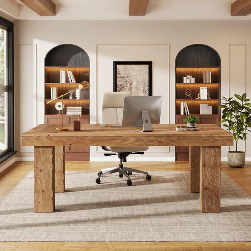 63" Solid Wood Executive Desk Heavy Duty Computer Office Desk with Thick 3.74" Tabletop and Sturdy Wooden Legs for Home Office Light Brown
