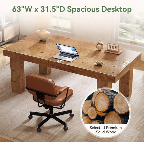 63" Solid Wood Executive Desk Heavy Duty Computer Office Desk with Thick 3.74" Tabletop and Sturdy Wooden Legs for Home Office Light Brown