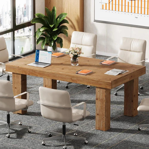 63" Solid Wood Executive Desk Heavy Duty Computer Office Desk with Thick 3.74" Tabletop and Sturdy Wooden Legs for Home Office Light Brown