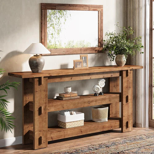 Console Table 63" Solid Wood Farmhouse Sofa Table Behind Couch with 3-Tier Storage Shelves and Heavy Duty Design Rustic Brown