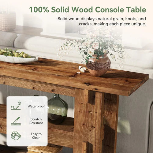Console Table 63" Solid Wood Farmhouse Sofa Table Behind Couch with 3-Tier Storage Shelves and Heavy Duty Design Rustic Brown
