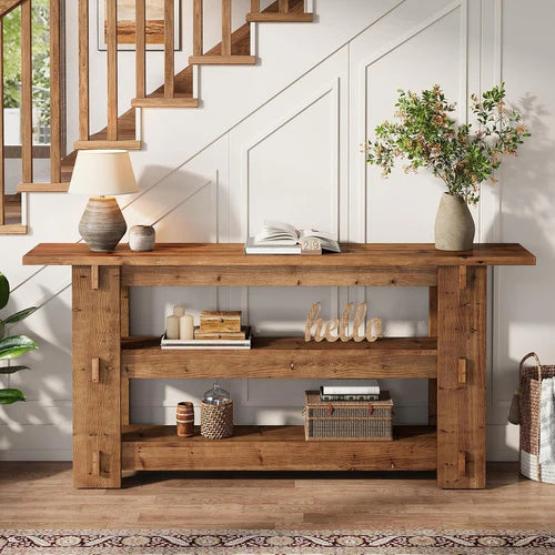 Console Table 63" Solid Wood Farmhouse Sofa Table Behind Couch with 3-Tier Storage Shelves and Heavy Duty Design Rustic Brown