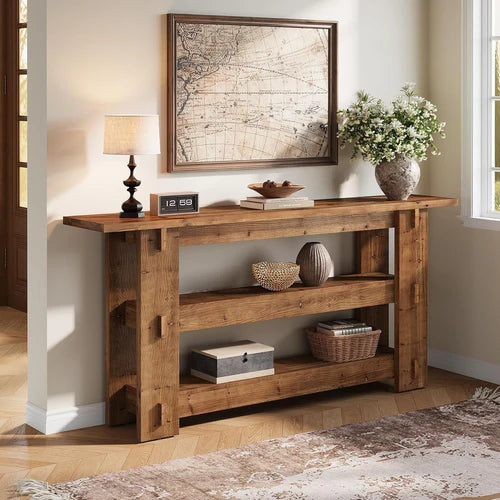 Console Table 63" Solid Wood Farmhouse Sofa Table Behind Couch with 3-Tier Storage Shelves and Heavy Duty Design Rustic Brown