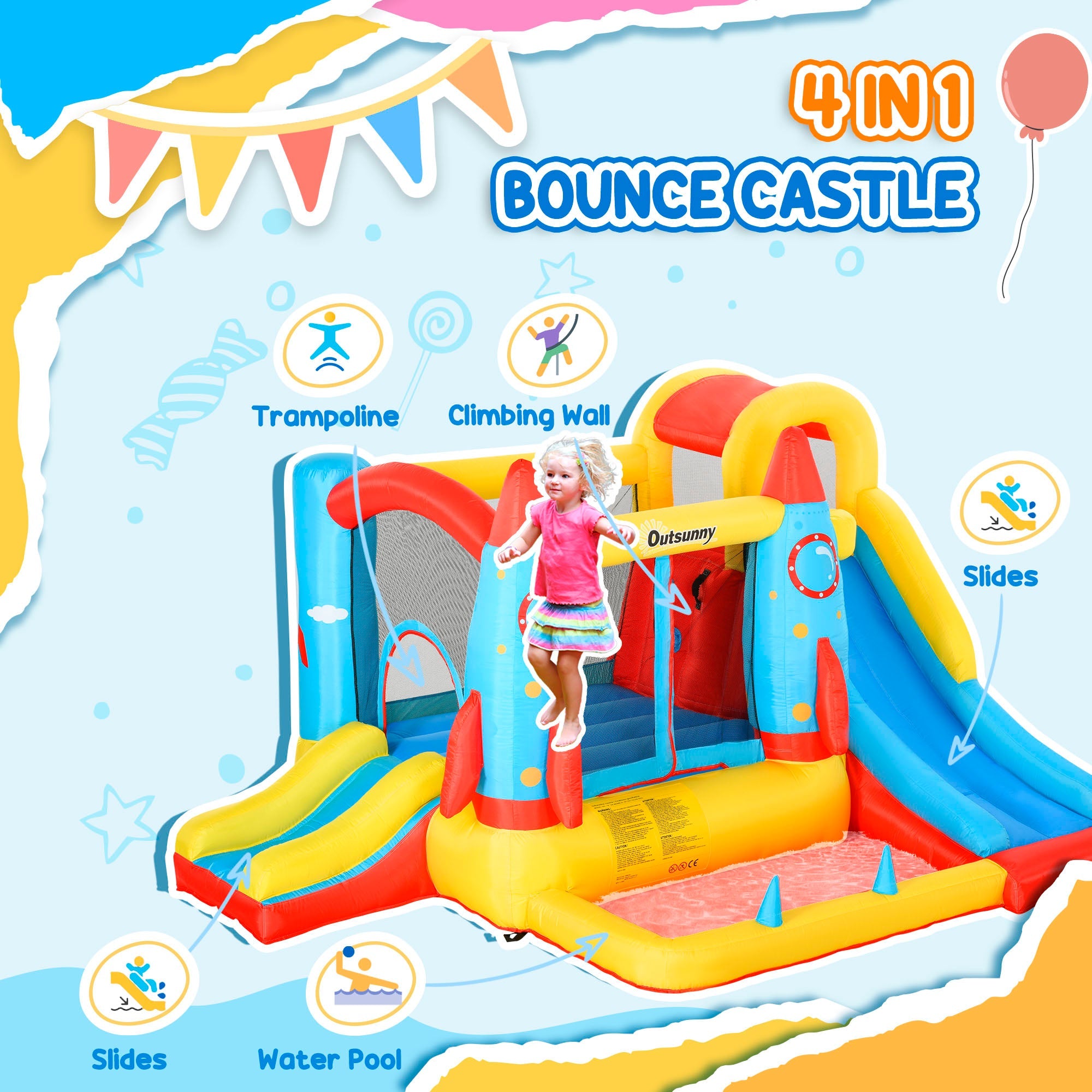 Outsunny Inflatable Kids Bouncy House, 4-in-1 Trampoline Bounce Castle with Slide & Water Pool, Includes Inflator, Ages 3-10 