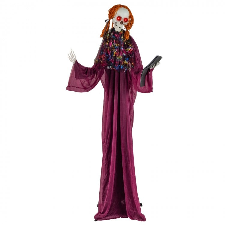 6 Feet Halloween Animatronic Standing Girl Holding Book with Sound-Activated Light-up Eyes and Moving Arms & Head