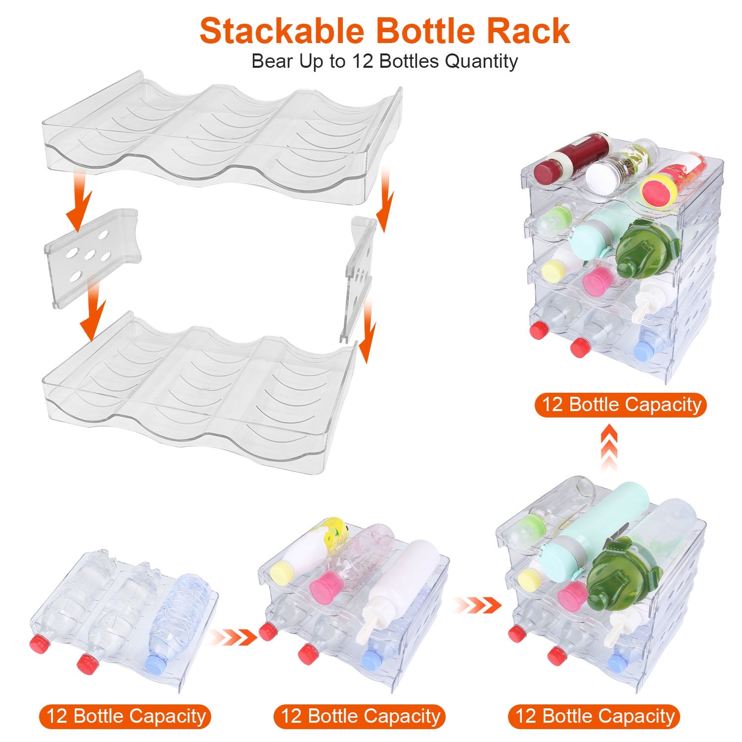 4 Tier Bottle Storage Holder 12 Bottles Transparent Stackable Bottle Organizer Standing Drink Holder Shelf for Kitchen Fridge Cabinet Pantry 