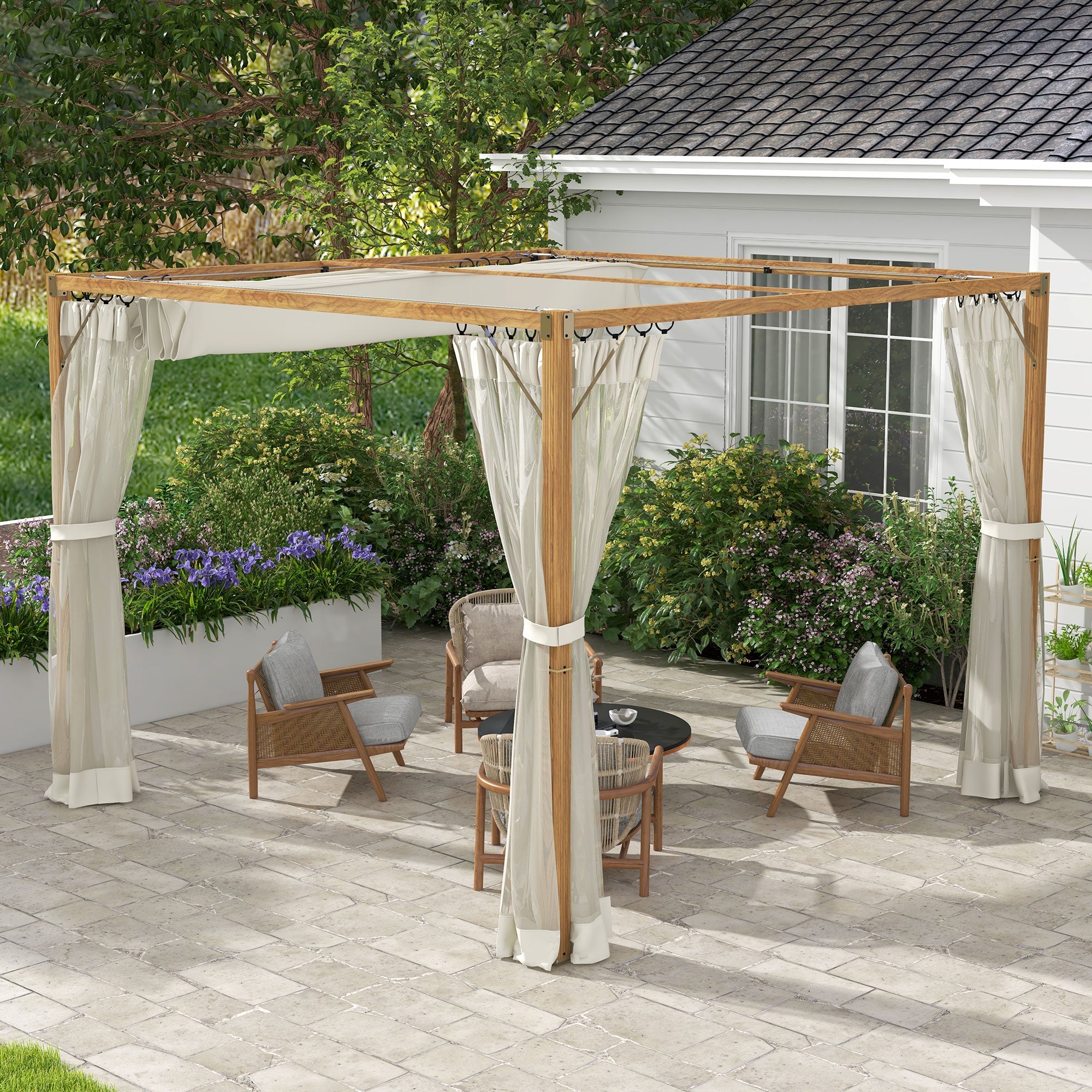 Outsunny 10x10 ft Garden Gazebo Shelter with Retractable Pergola, Nettings for Grill & Patio Deck, Natural - Create a Cozy Retreat 