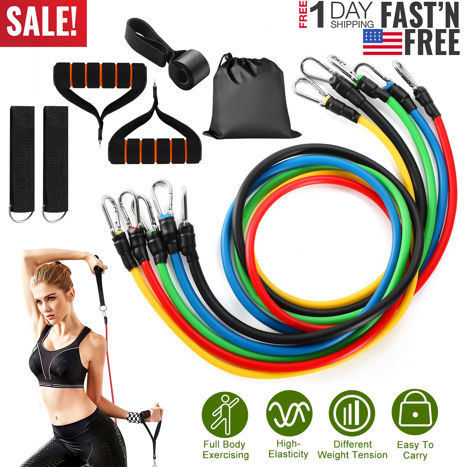 11Pcs Resistance Bands Set Fitness Workout Tubes Exercise Tube Bands Up to 100lbs w/ Door Anchor Handles Ankle Straps for Physical Training Yoga Pilat 