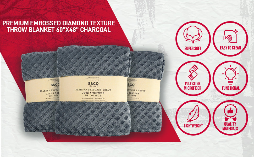 Knit Embossed Diamond Throw Blanket 48X60 Charcoal 