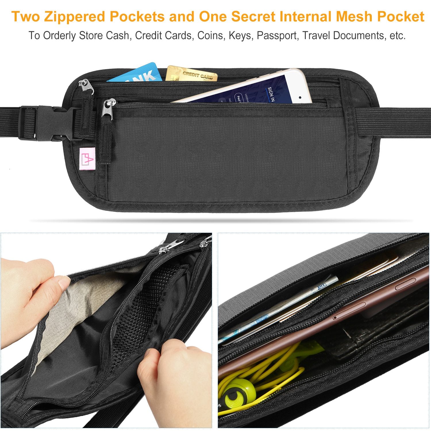 Travel Money Belt Waist Bag Pack RFID Blocking Anti-Theft Waist Pouch Waterproof for Men Women