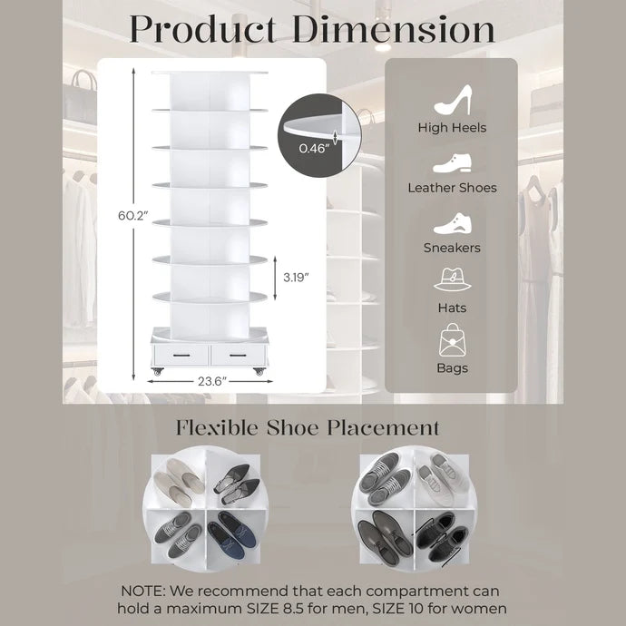 AECOJOY 8-Tier Rotating Shoe Rack with 2 Drawers & 4 Lockable Casters