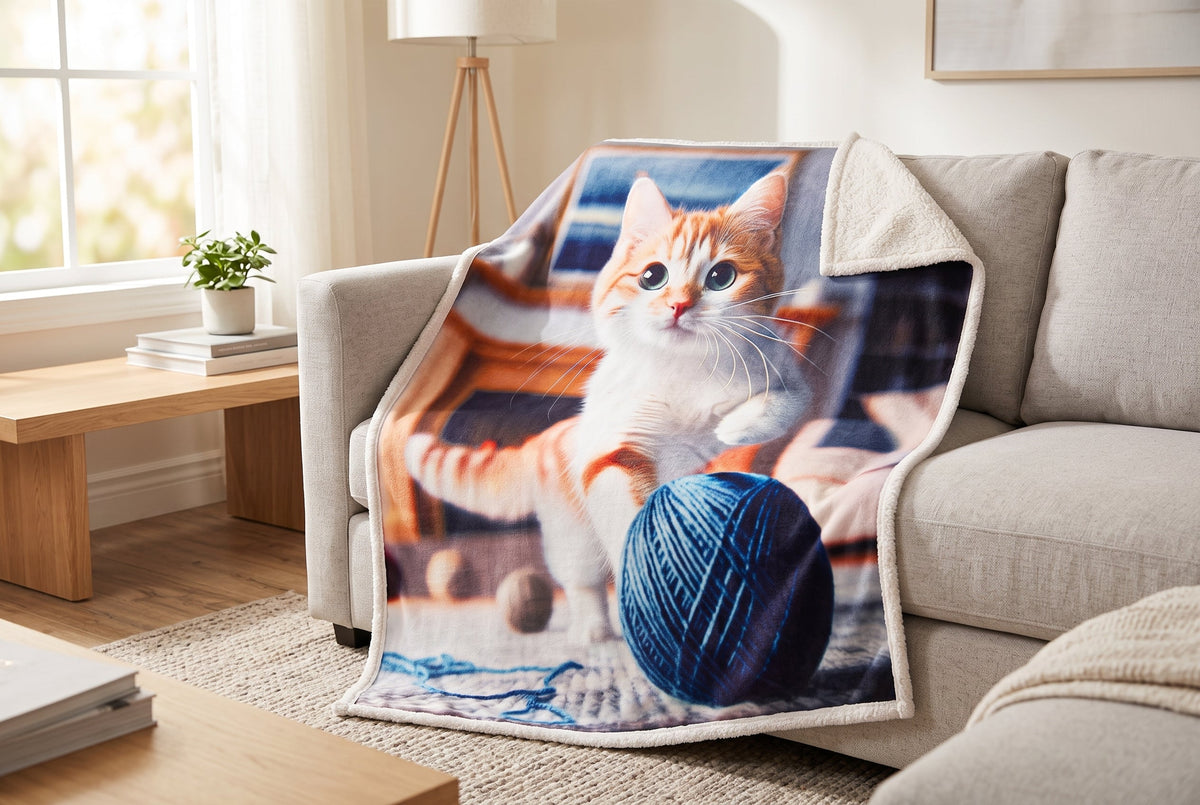 Sherpa Throw Blanket, 48 x 60 in, Cat with Yarn Ball Print