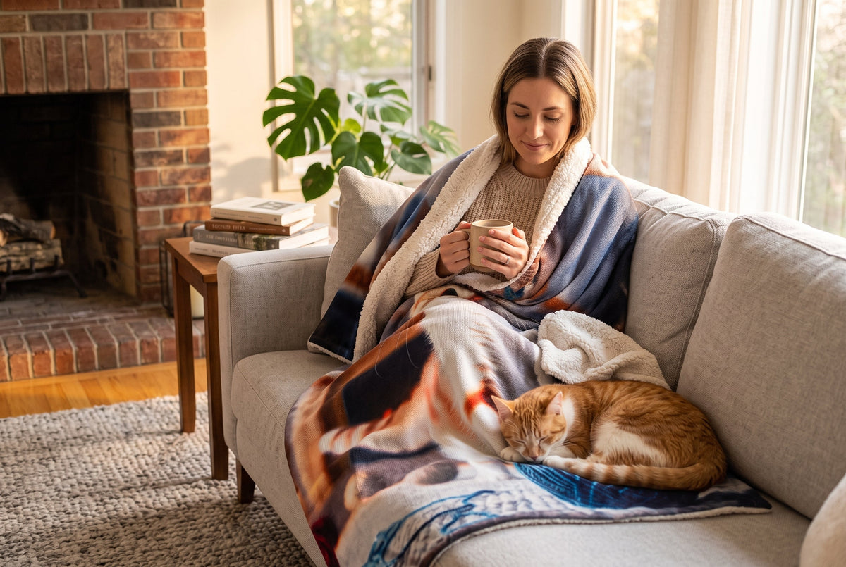 Sherpa Throw Blanket, 48 x 60 in, Cat with Yarn Ball Print