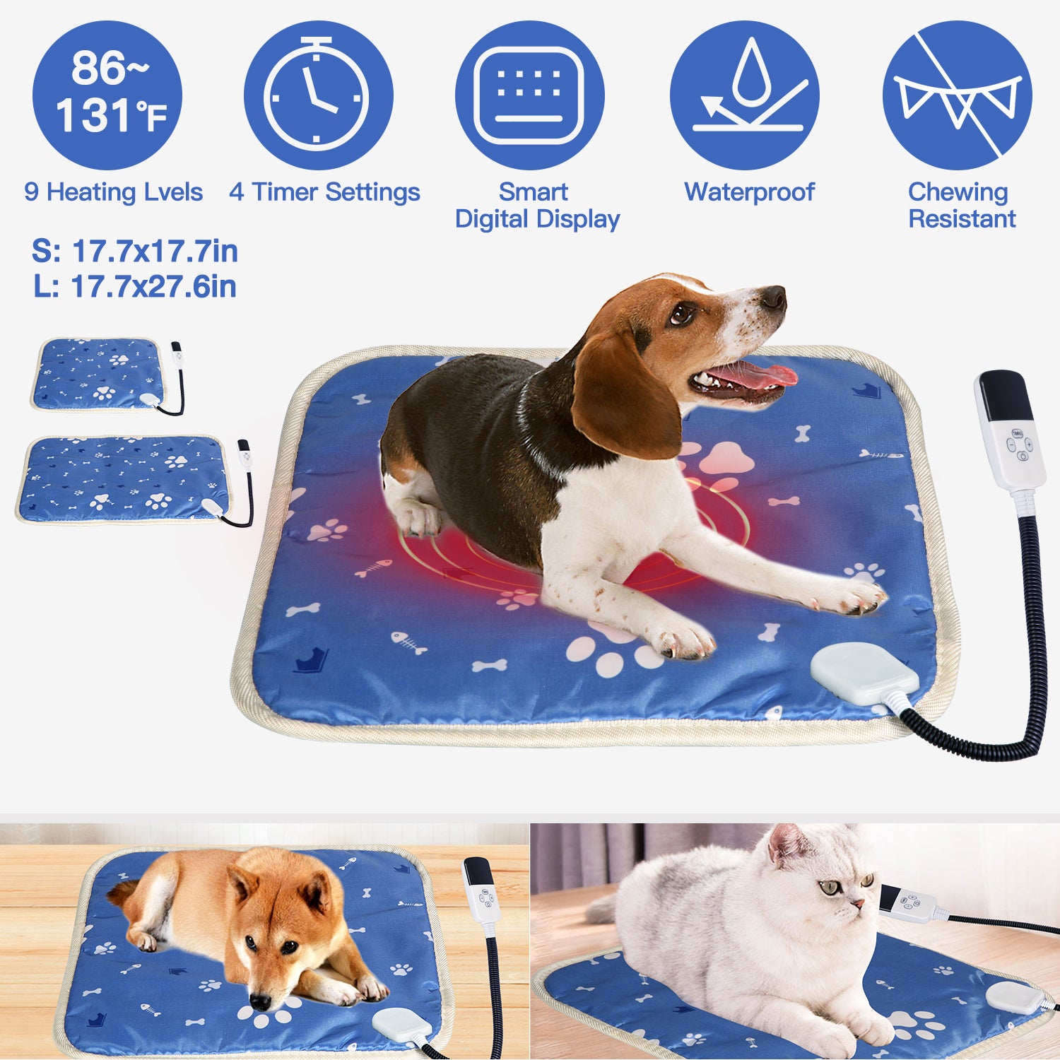 Pet Heating Pad Electric Dog Cat Heating Mat Waterproof Warming Blanket with 9 Heating Levels 4 Timer Setting Constan On Function Chewing-resistant S/