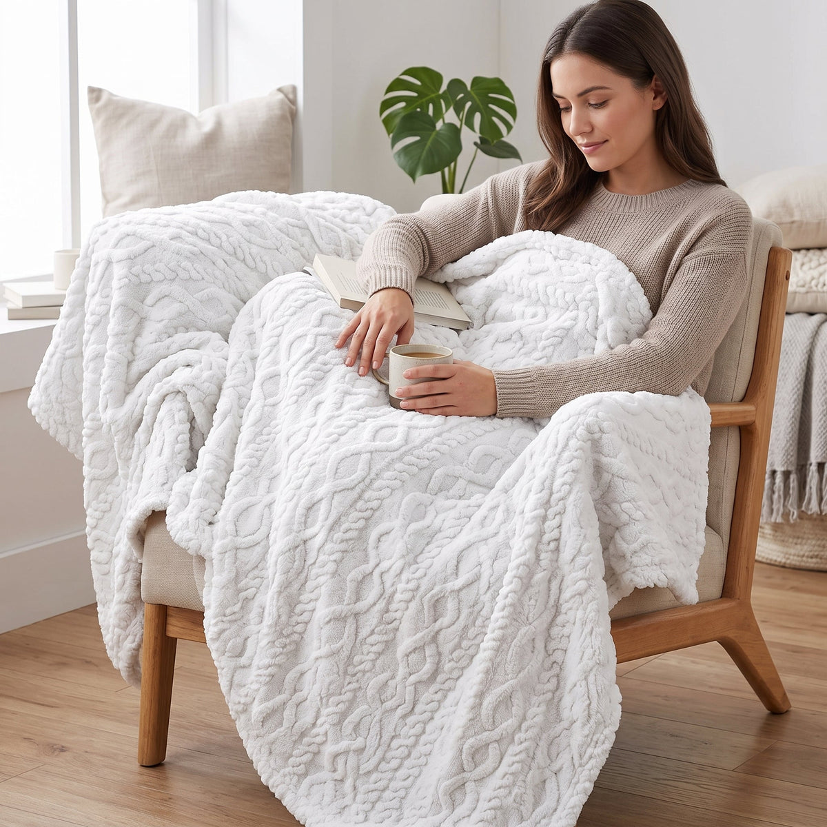 Cable Knit Sherpa Blanket, 60 x 80 in, Off White