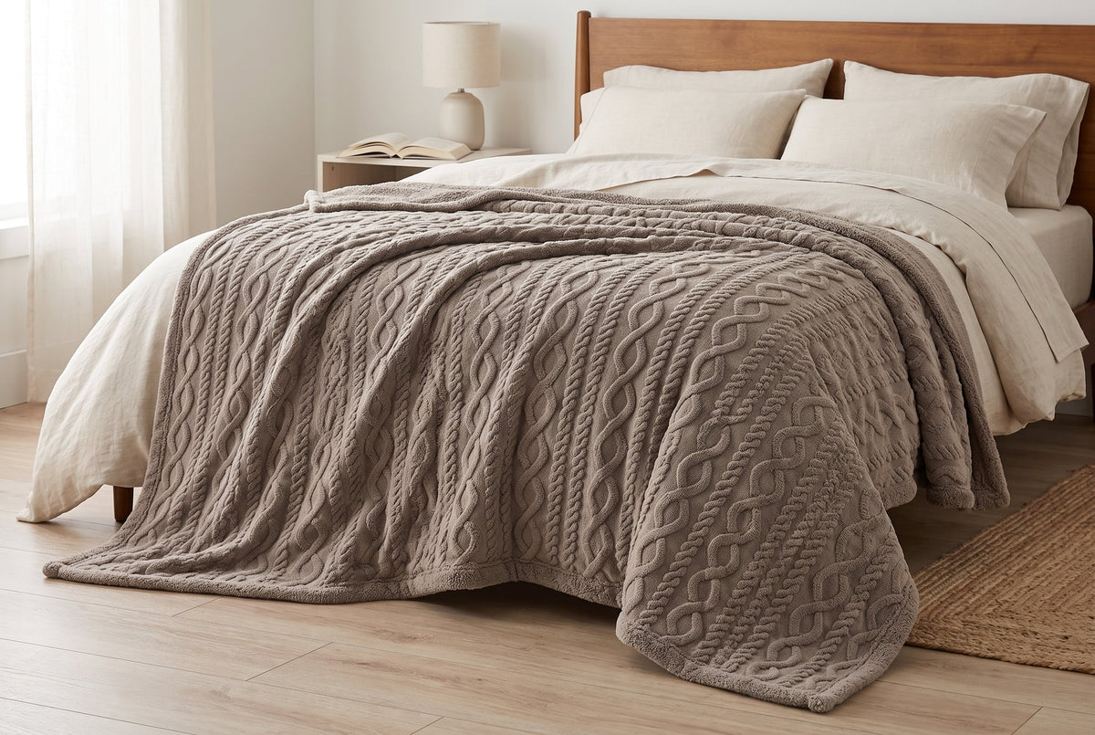 Cable Knit Sherpa Blanket, 80 x 88 in, Taupe