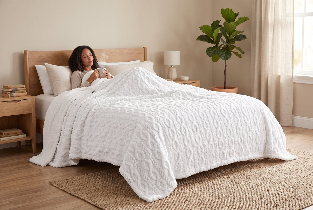 Cable Knit Sherpa Blanket, 80 x 88 in, Off White