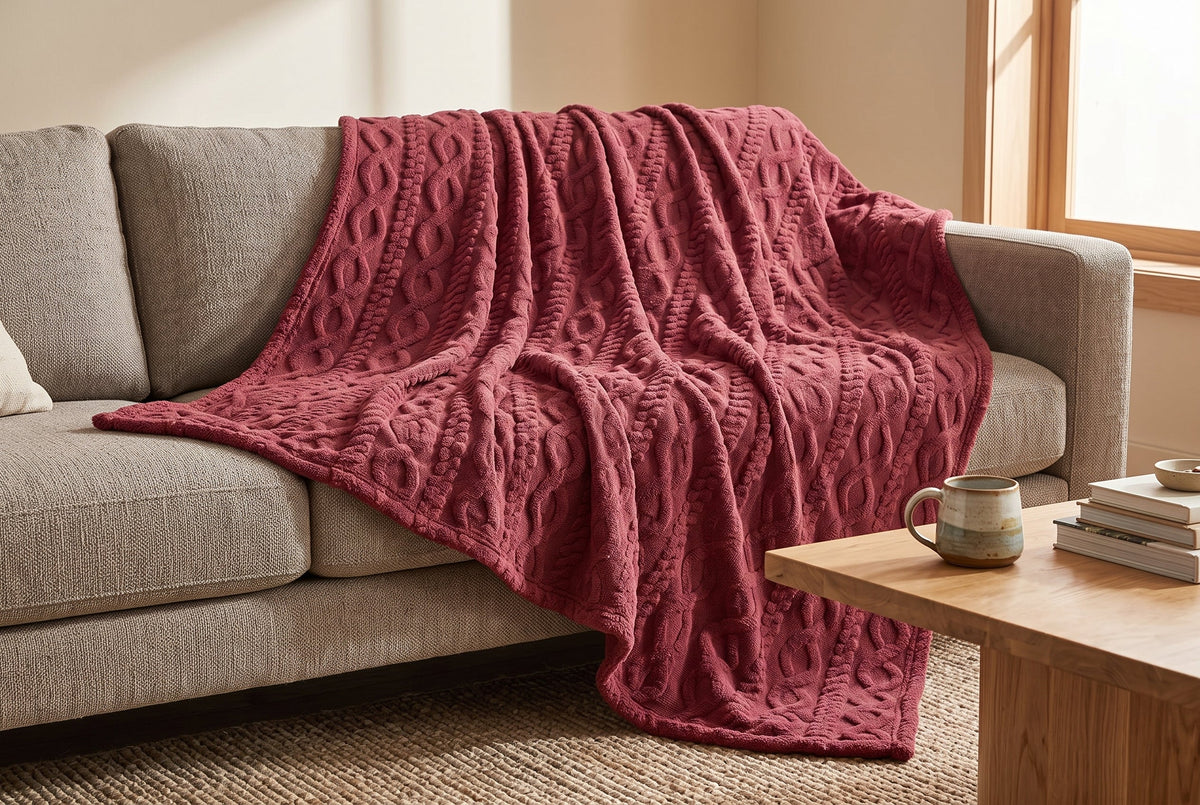 Cable Knit Sherpa Blanket, 80 x 88 in, Merlot Red