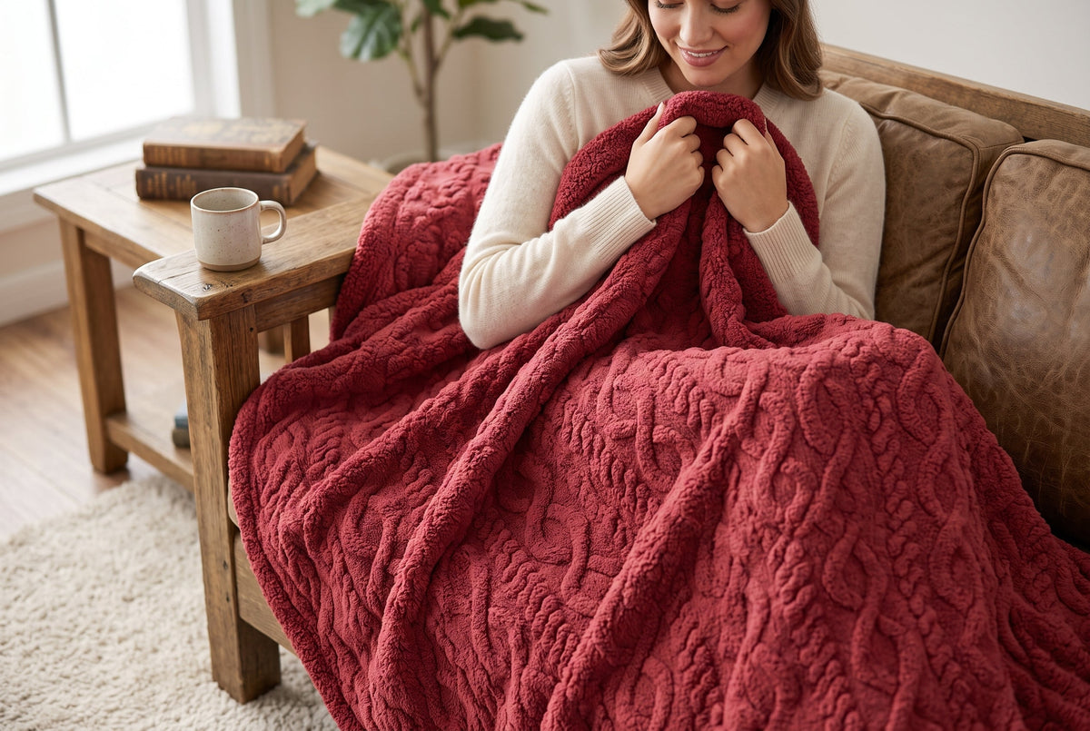 Cable Knit Sherpa Blanket, 80 x 88 in, Merlot Red