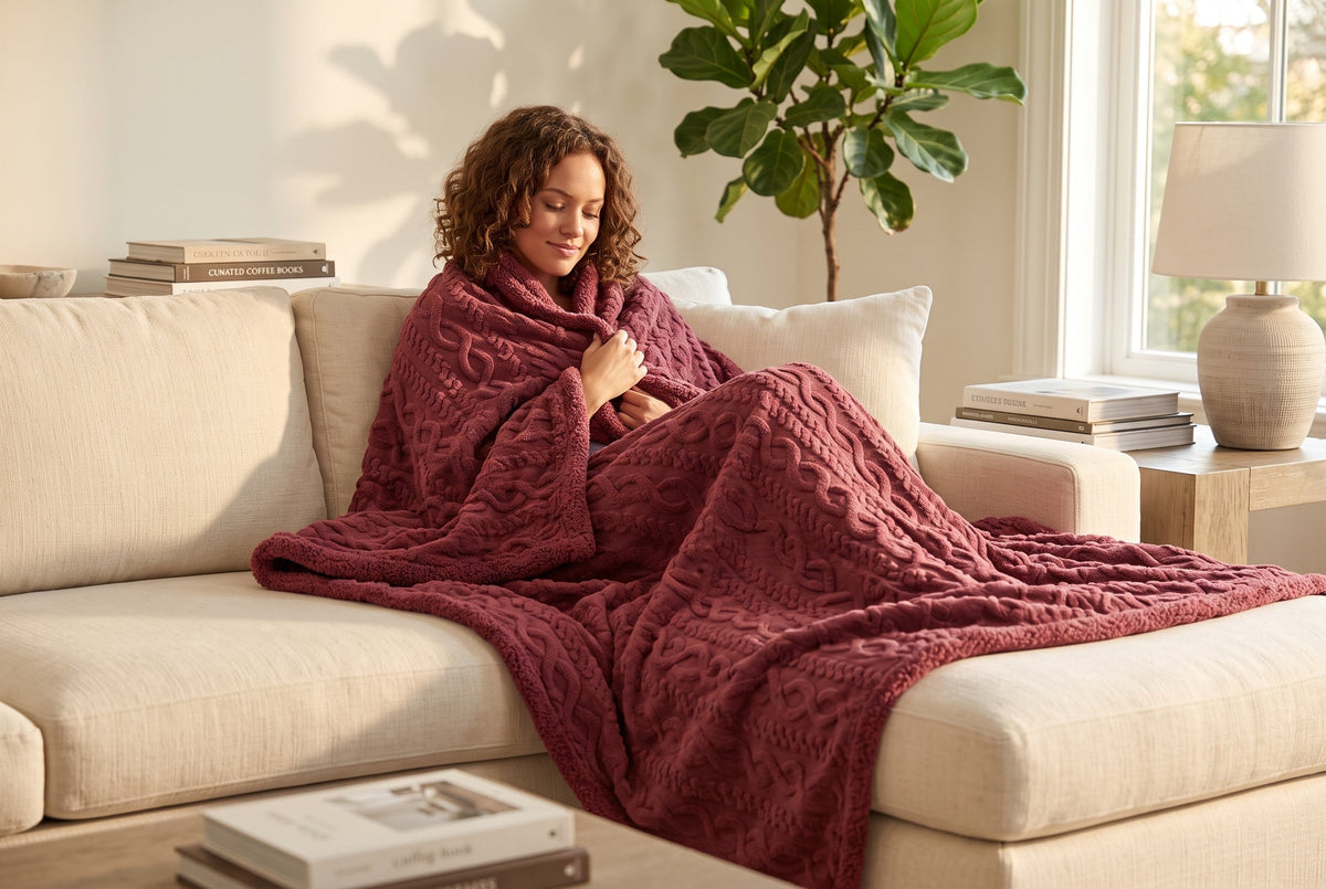 Cable Knit Sherpa Blanket, 80 x 88 in, Merlot Red