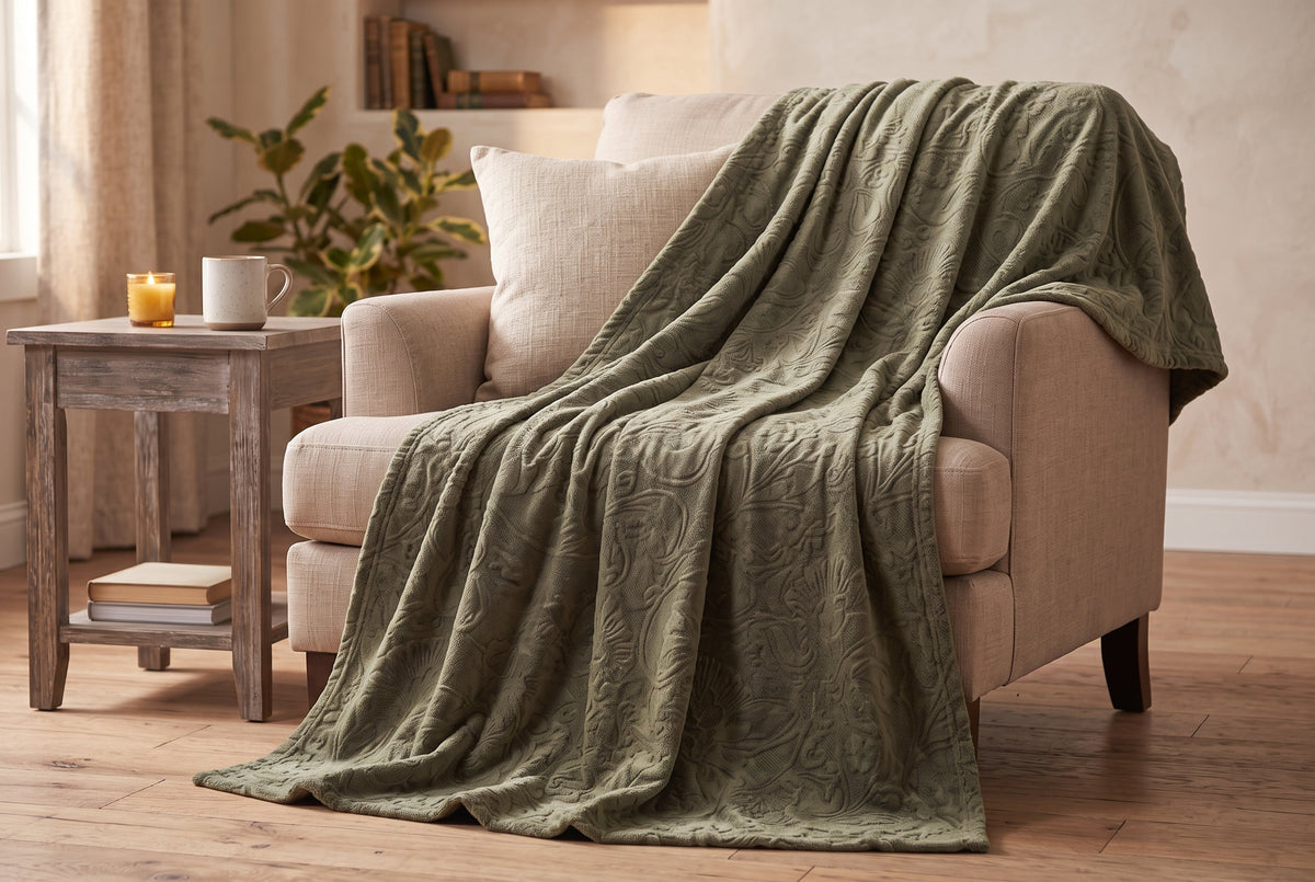 Embossed Flannel Throw Blanket, 48 x 60 in, Baroque, Laurel Oak