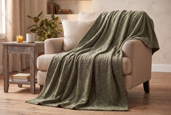 Embossed Flannel Throw Blanket, 48 x 60 in, Baroque, Laurel Oak